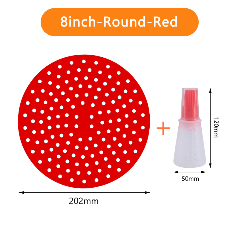 Tapis de revêtement de friteuse à Air en Silicone, antiadhésif, revêtement intérieur de cuisson pour accessoires de cuisine, rond et carré réutilisable: 8inch-Red and Oil
