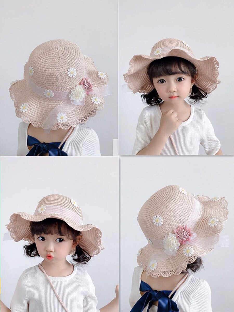 Los niños chica listón con flores sombrero hongo de paja sombreros de Sol para niños de primavera y verano con volantes con ala playa gorra para el sol sombreros