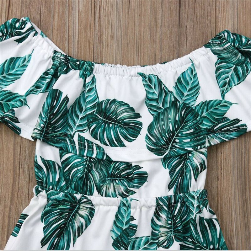 Nuovo Bambino Del Bambino Del Capretto Del Bambino di Estate Delle Ragazze Verde Foglia di Stampa Tute e Salopette Body e Pagliaccetti Freddo Spalla Ruffle Gamba Larga Generale Ropa Del Bambino Della Ragazza vestiti