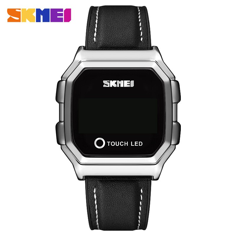 Skmei touch led digitale guldure herre dato tid herre armbåndsure vandtæt sportsur reloj hombre: Sølv læder