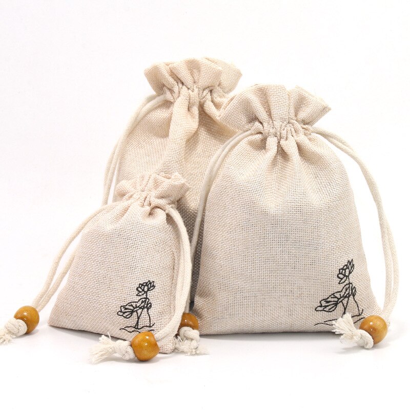 Pure Cotton Bags Packing Jewelry Drawstring bag Wedding Candy Wrappling Reusable Sachet Print Lotus Display Pack Bags: white hehua / 8x10cm 5PCS