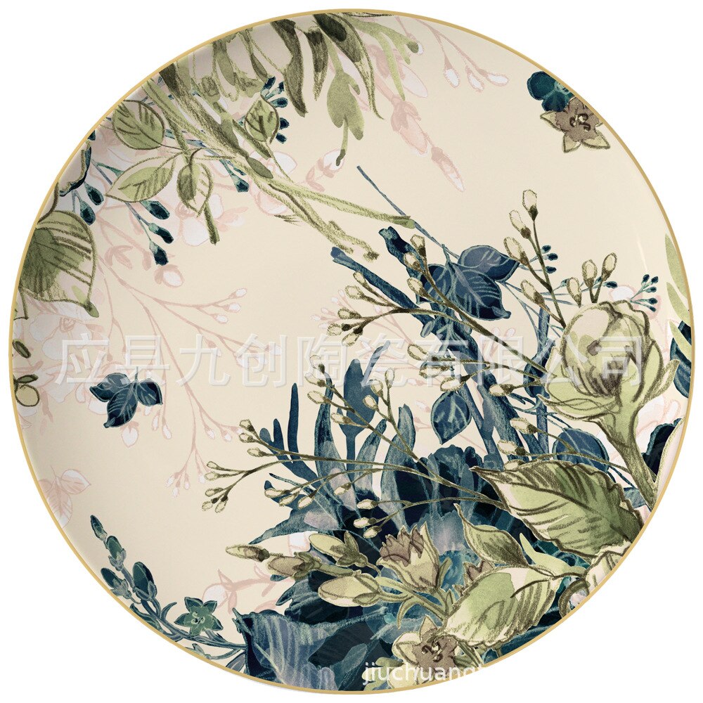 Chinese Keramische Plaat Creatieve Retro Bloem Westerse Voedsel Phnom Penh Plaat Westerse Voedsel Gebak Plaat Bestek Goud Bestek Set: 8 inches