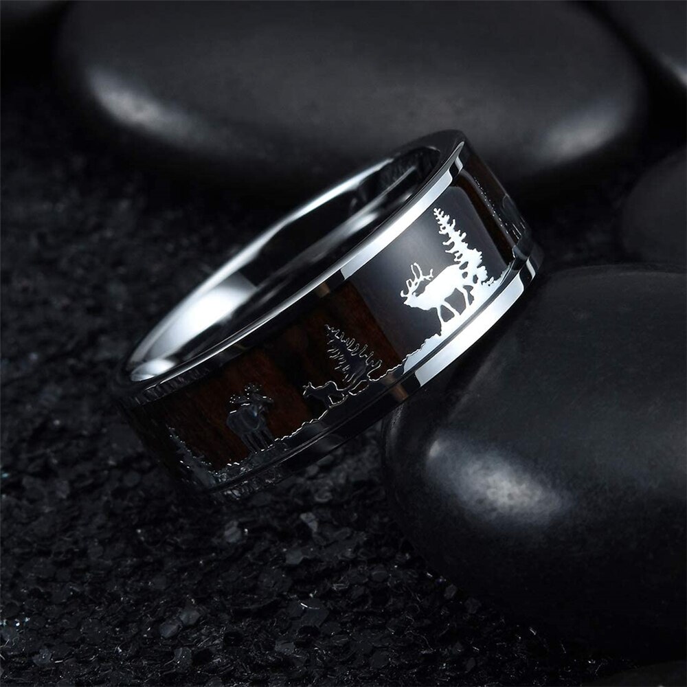 Bague de mariage en bois massif pour Couple, 8mm, en acier inoxydable, incrusté de cerf, bijou d'anniversaire de mariage, pour hommes et femmes,