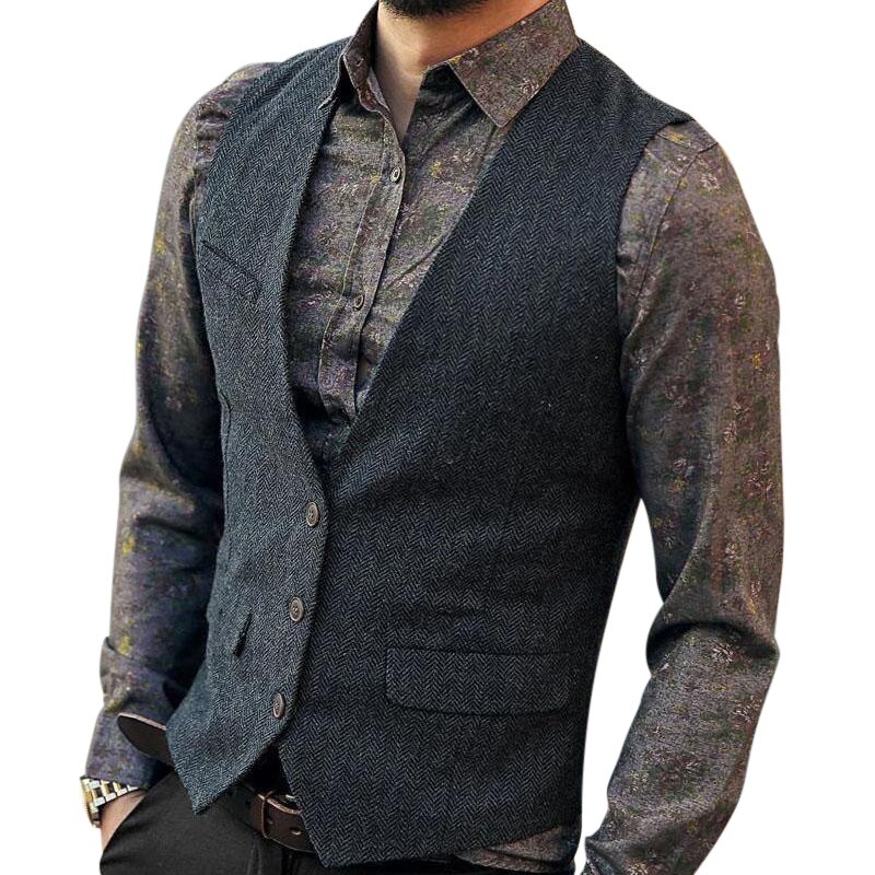 Men's Gray Herringbone Tweed Dress Vest Retro Vintage Gentleman Waistcoat Men Formal Business Sleeveless Vests Male Gilet 3XL: M