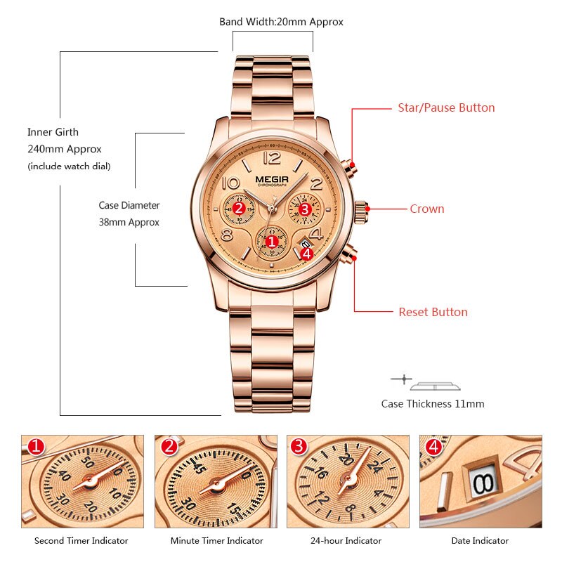 Reloj Megir mujer cronógrafo reloj de cuarzo con oro de acero inoxidable brazalete de acero 24 horas calendario pantalla reloj de pulsera para mujer 2057