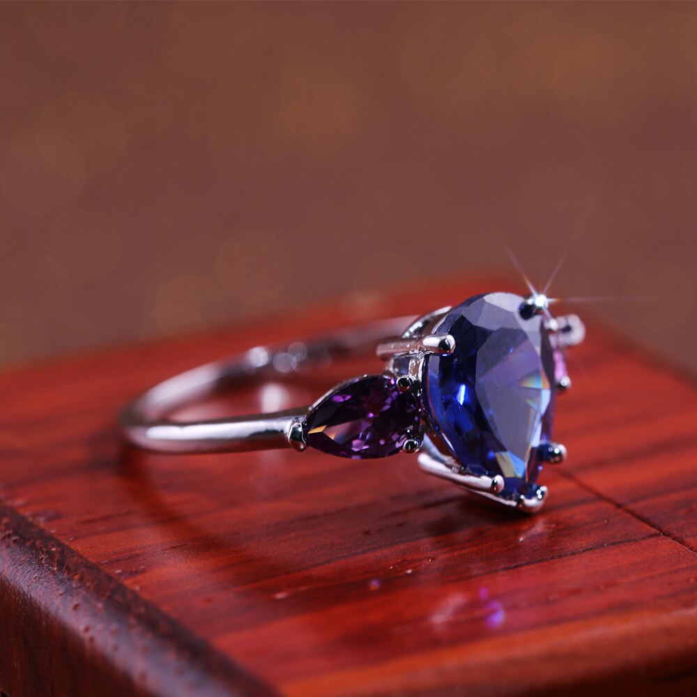 HUITAN Tear Women Ring With Bright Blue Purple Stone Wedding Engagement Ring Pear Shaped Water Jewelry Women Ring