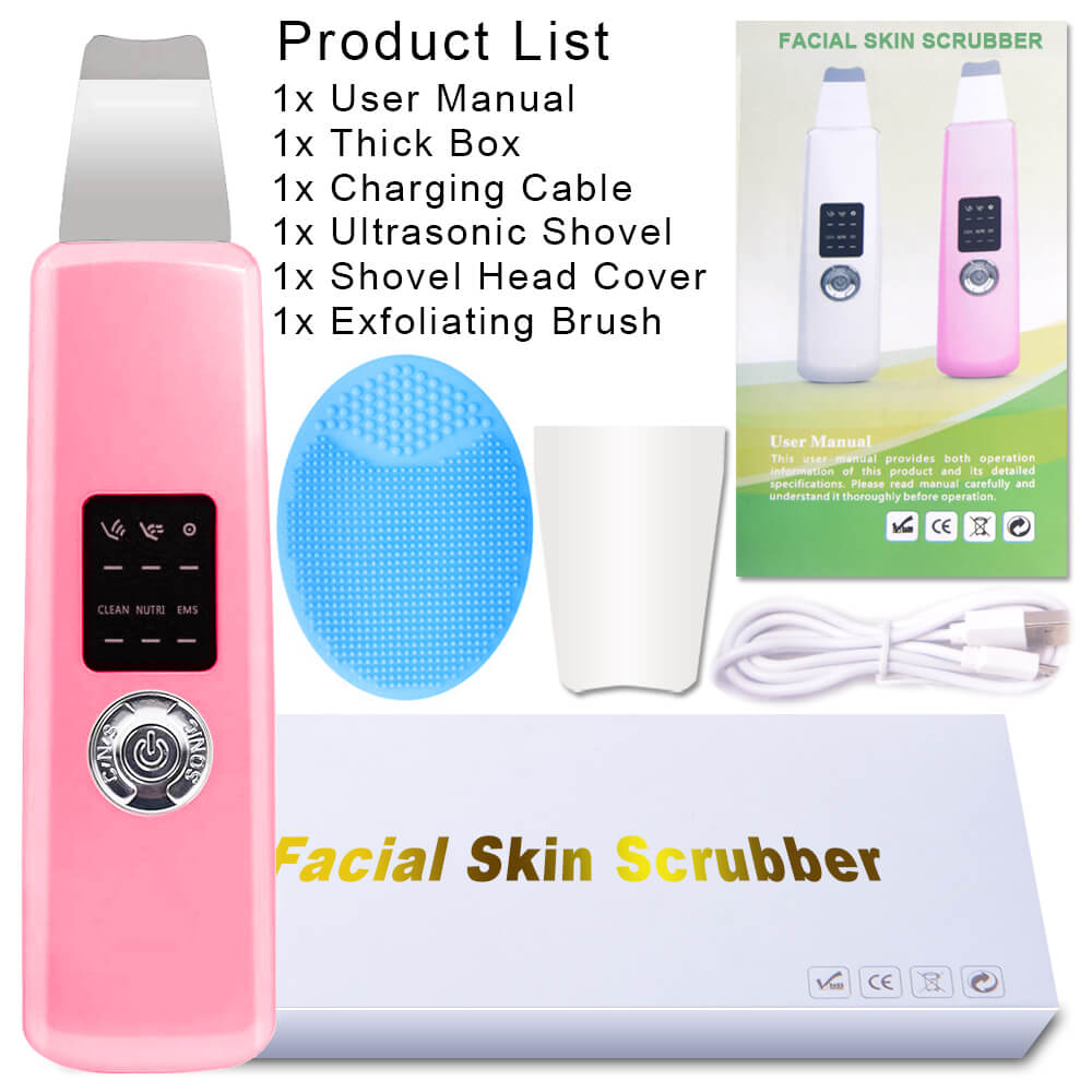 Ultrasonic Face Cleaning Device Skin Scrubber Facial Whitening Lifting Reduce Wrinkles Spots Pore Cleaner Blackhead Spatula Sets: Pro Pink Plus