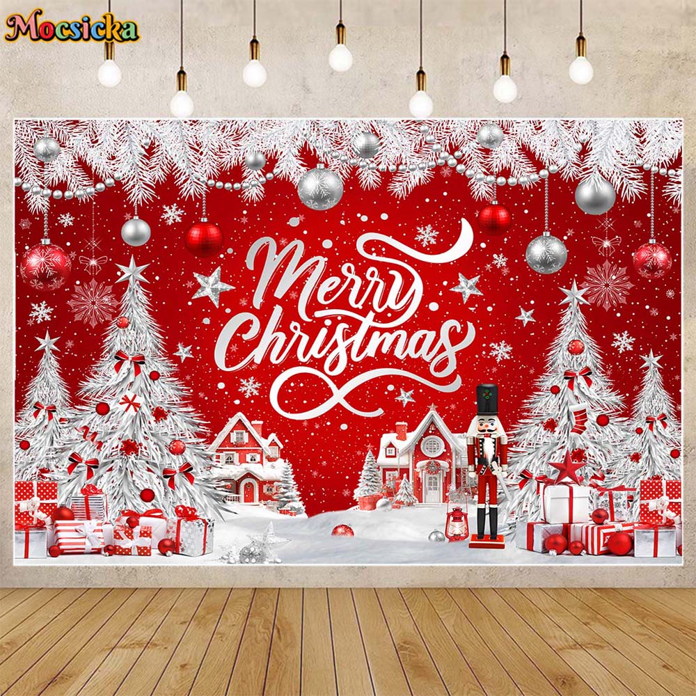 Mocsicka-Merry Christmas Backdrops, parede vermelha, floco de neve, pinheiro de inverno, decorações do partido do Natal, retrato de família, foto do fundo