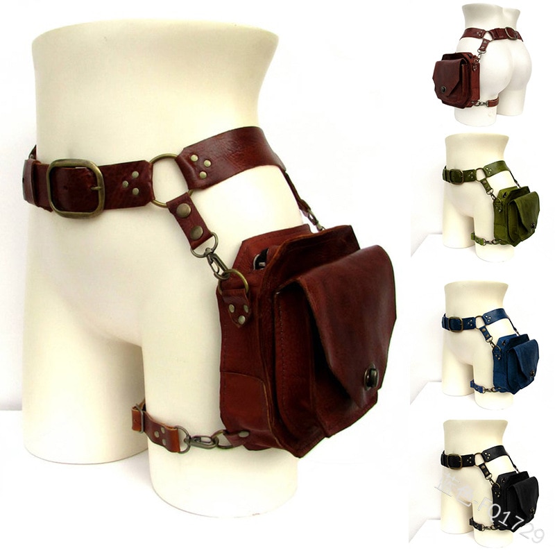 Unisex medieval Leather Rivet Leg Bag Steampunk Retro Rock Waist Belt Bag Crossbody Waist Bags Phone Pouch