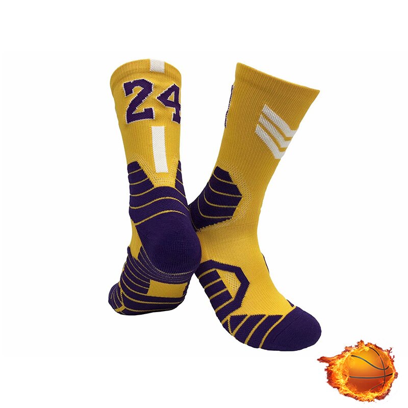 QIWN Super Star number Basketball Socks Sports Training Socks Non-slip Skateboard Durable Towel Bottom Socks: NO.24-Yellow