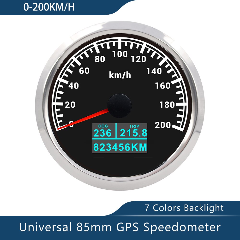 Novo velocímetro de 85mm gps 0-30/60 nós 0-60/80/120/160/200 mph 0-60/120/200km/h com luz de fundo de 7 cores para a motocicleta do barco do carro: 200KBS