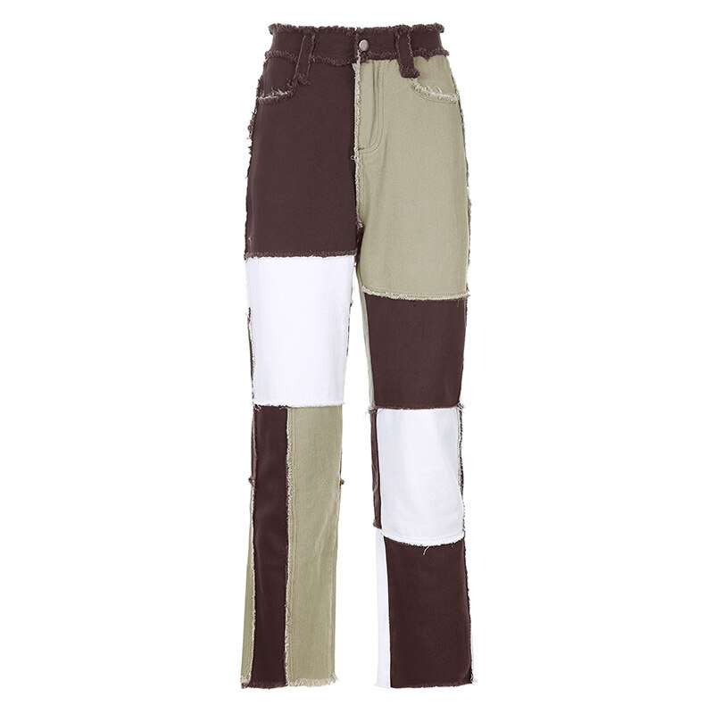 Ezgaga dames jeans kleurblok hoge taille kwast contrast patchwork broek casual streetwear denim broek dames zakken: Bruin / M
