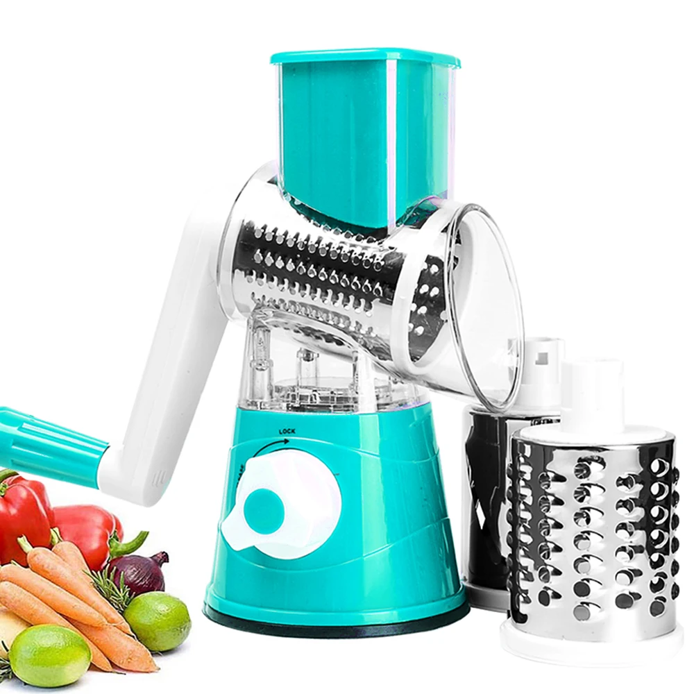 Cortador de verduras, ralladores rotativos manuales para queso, mandolina redonda, trituradora con 3 cuchillas de acero inoxidable, accesorios de cocina: Azul