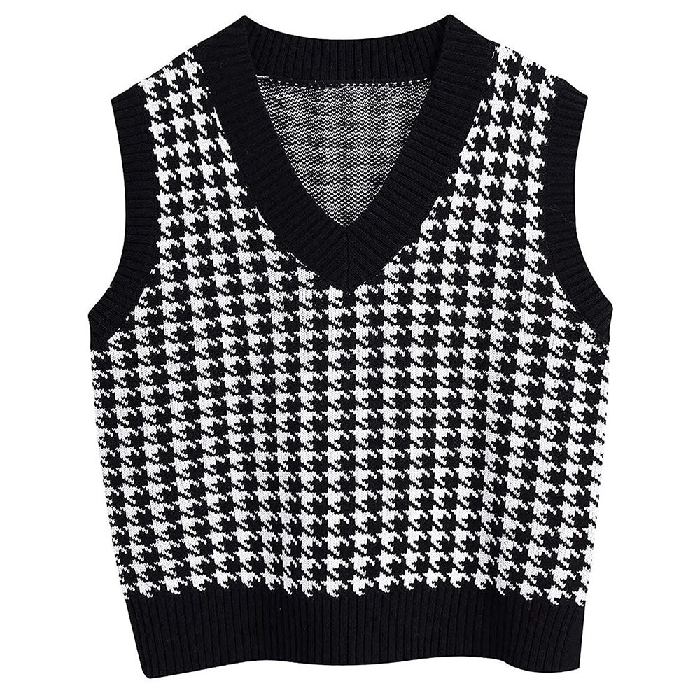 Femmes pull gilet automne tricoté pied de poule col en v pull surdimensionné sans manches femme gilet pull hauts: Black1 / L