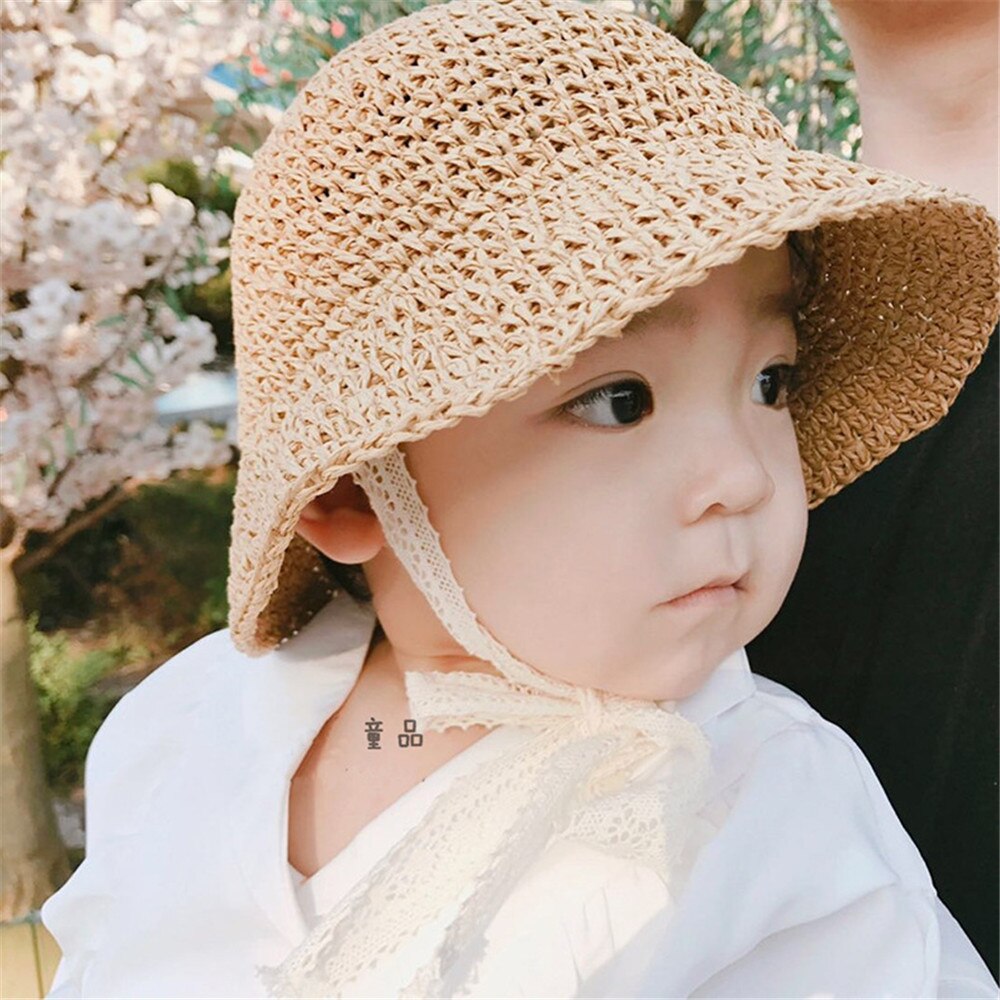 Barn spädbarn baby flicka solhatt prinsessa spets halm solhatt hink hatt sommar strand avslappnad fashon fest hatt: Beige