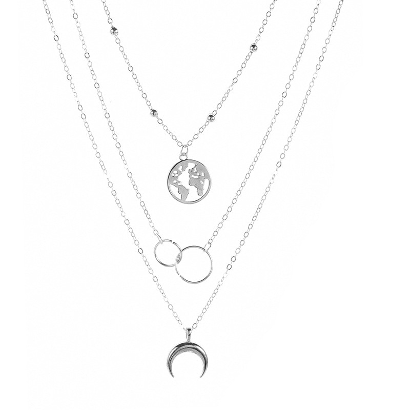 Multi-Layer Moon World Map Pendant Necklace For Women Gold Silver Color Necklaces Female Jewelry