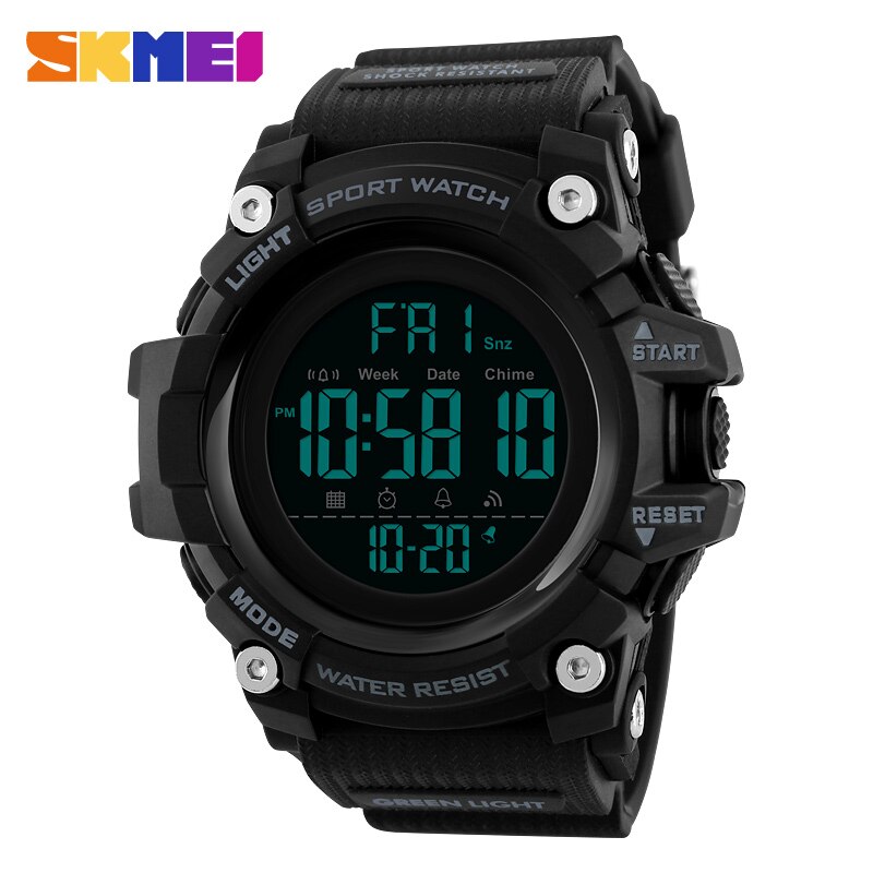 SKMEI hombres deportes al aire libre reloj de Cuenta atrás 2 alarma tiempo reloj Digital 5Bar impermeable Relogio Masculino 1384: Negro
