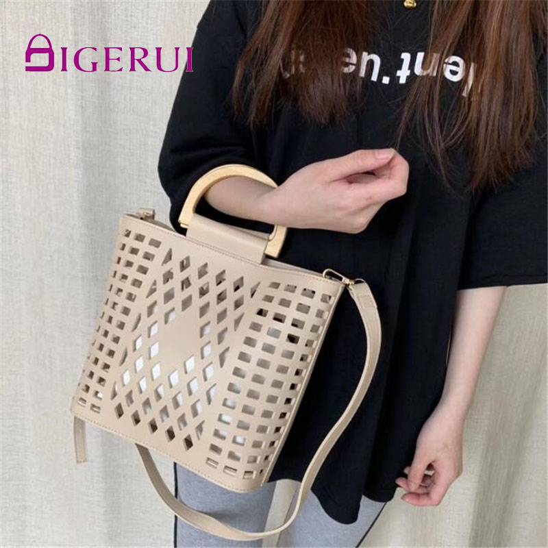 DIGERUI femmes sacs sacs à main évider plage sac Bolsa Feminina bois poignée fourre-tout sac à bandoulière en cuir synthétique polyuréthane sacs à main
