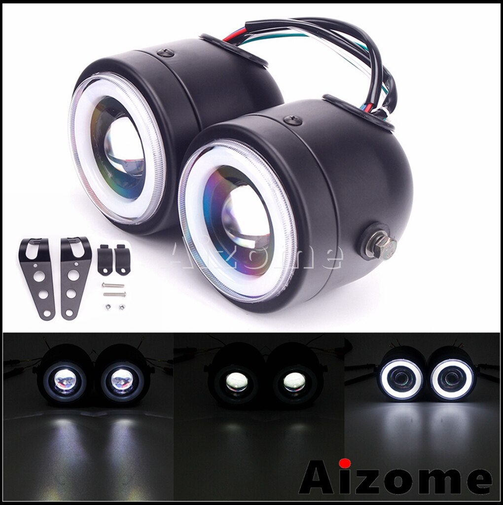 Universal motorcykel cafe racer dobbelt forlygte led forlygte dobbelt forlygter til harley softail 1986-13 fat boy flstf bobber: Hvid med beslag