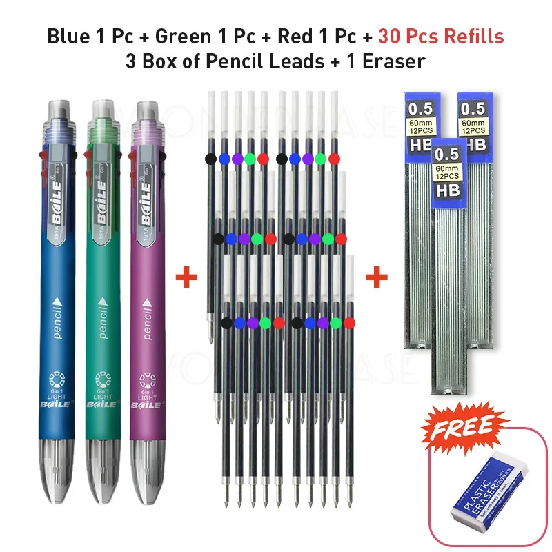 Flerfarget 6 in 1 kulepenn med påfyll stifte 5 farger rullekulepenn og 1 blyantstift multifunksjonspenn: Klar