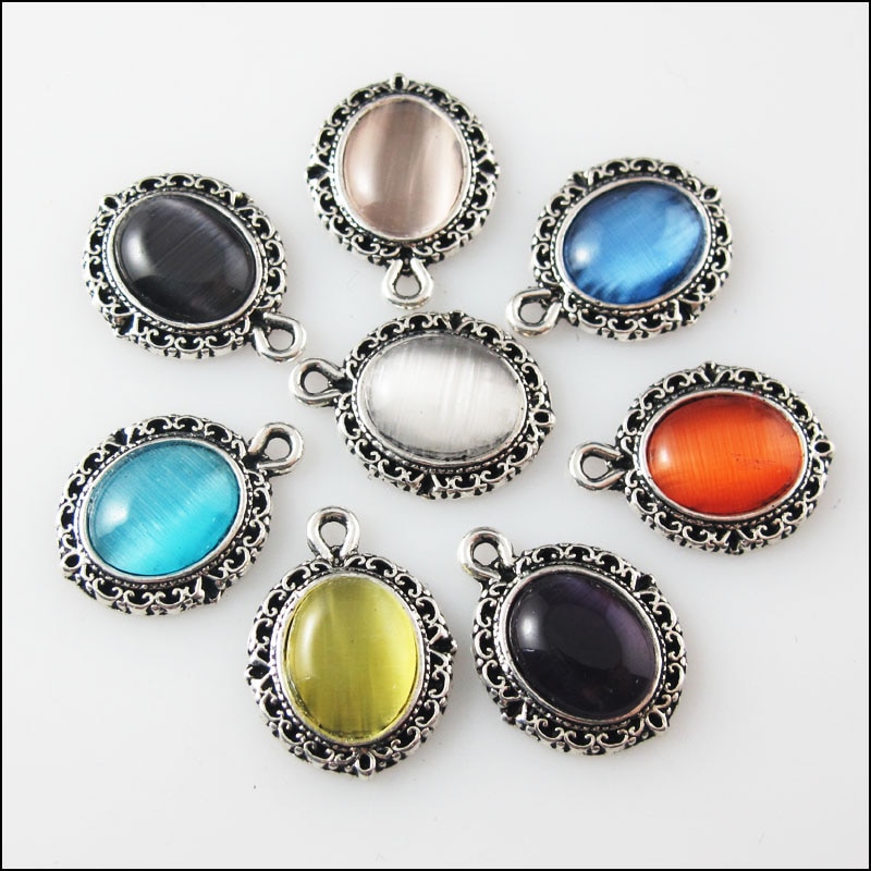 Pendentifs ovales en pierre d'argent tibétaine mixte, 16 pièces, 13,5x18mm