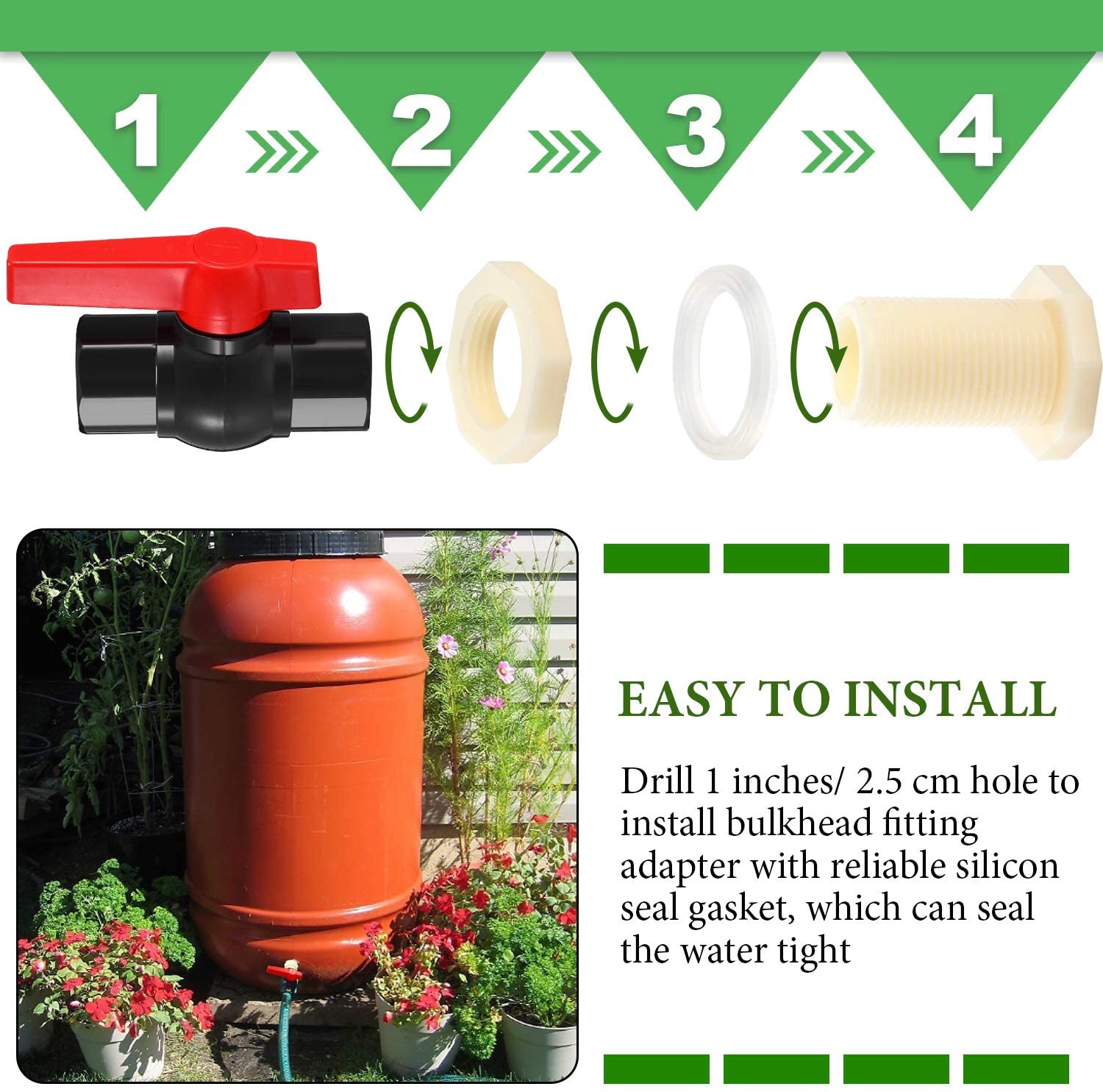 Rain Barrel Spigot Kit 3/4 Inch PVC Ball Valve, Double Female Thread, with Bulkhead Fitting Adapter, Male Thread, for Water Tank