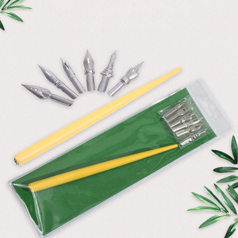 Wooden Manga Comic English Calligraphy Fountain Dip Pen with 6 Nibs Kit for Lettering Sketching Drawing