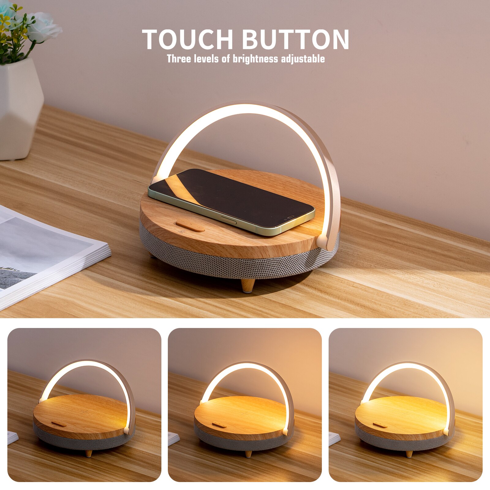 Cargador inalámbrico con Altavoz Bluetooth para IPhone 13, lámpara de mesa de madera de alta potencia, soporte para teléfono móvil, lámpara de carga inalámbrica, altavoz