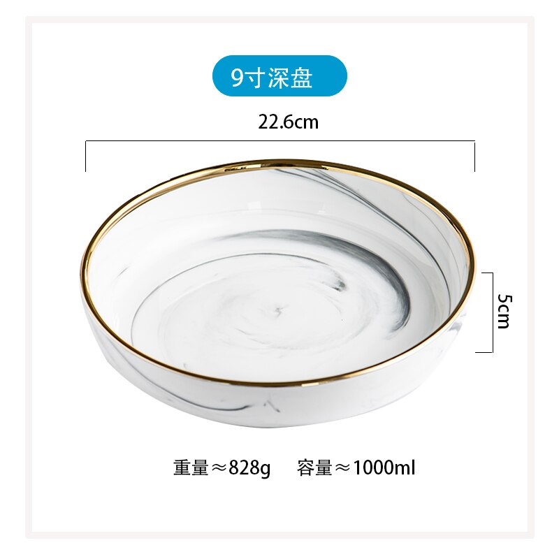 Or marbre assiette à dîner en céramique, assiette à salade de riz nouilles bol assiettes à soupe ensembles de vaisselle vaisselle outil de cuisine 1 pièce: 9 inch Soup Dish