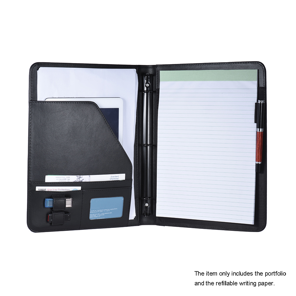 A4 PU Folder Document Case Organizer Leather Padfolio Business with Business Card Memo Note Pad Loose-leaf Loop
