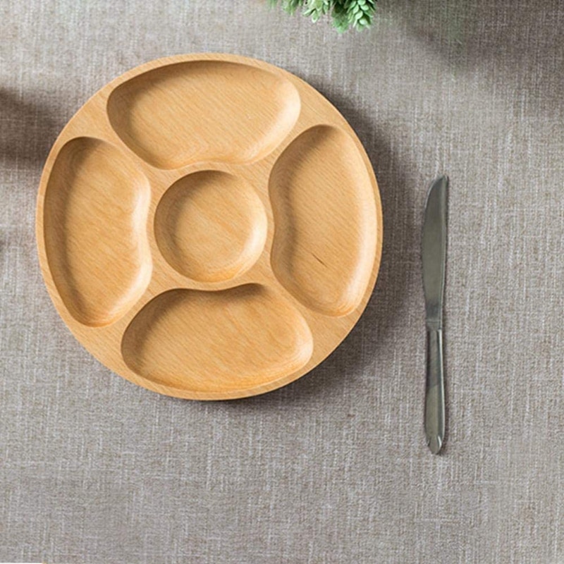 Wood Appetizers Serving Dish Household 5 Compartments Snack Dry Fruit Plate Candy Tray Round Divided Snack Plate Tray