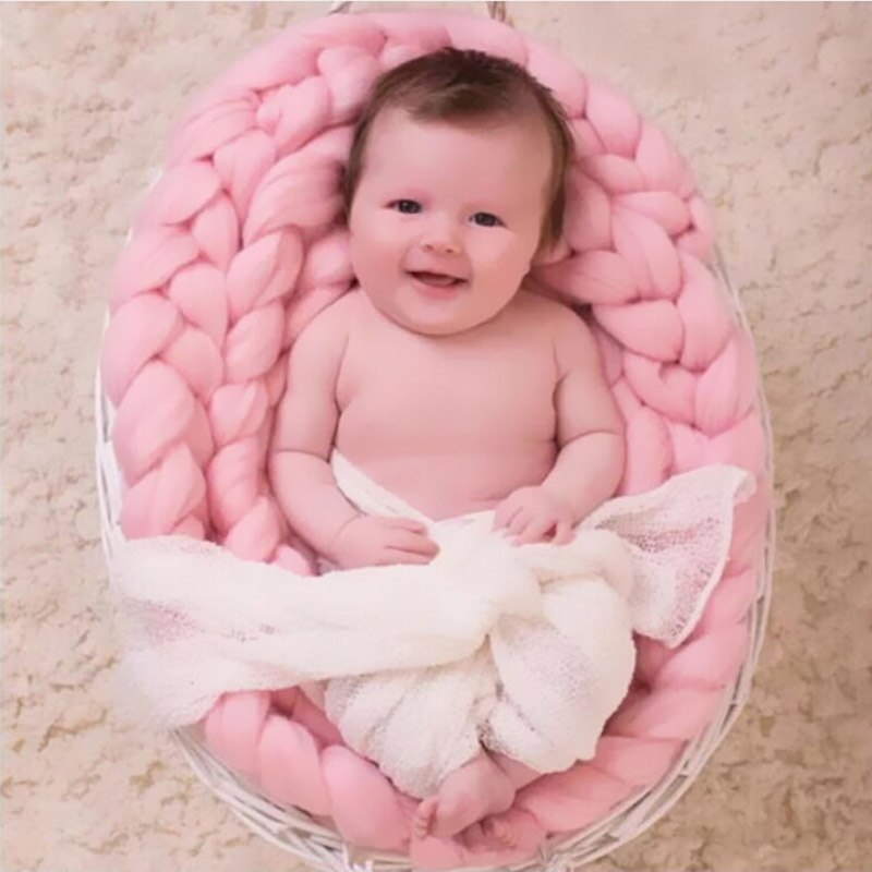 Cartoon Wool Crochet Baby Blanket Newborn Photography Props Chunky Knit Blanket Basket Filler 8 colors