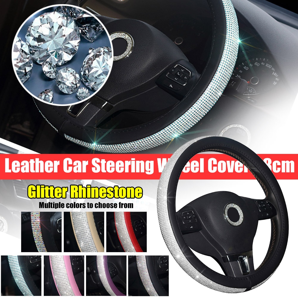 Lederen Auto Stuurhoes 38 Cm Glitter Rhinestone Voor Girl Lady Interieur Accessoires