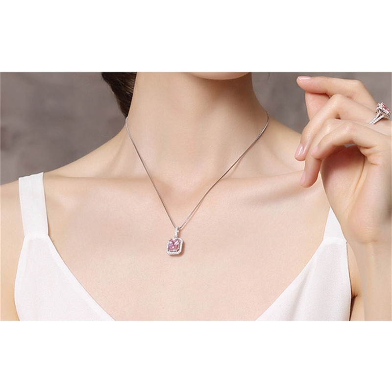 Vintage Pendant For Women Big Square Pink S925 Sterling Created Topaz Cubic Zirconia Necklace Temperament Fine Jewelry No Chain