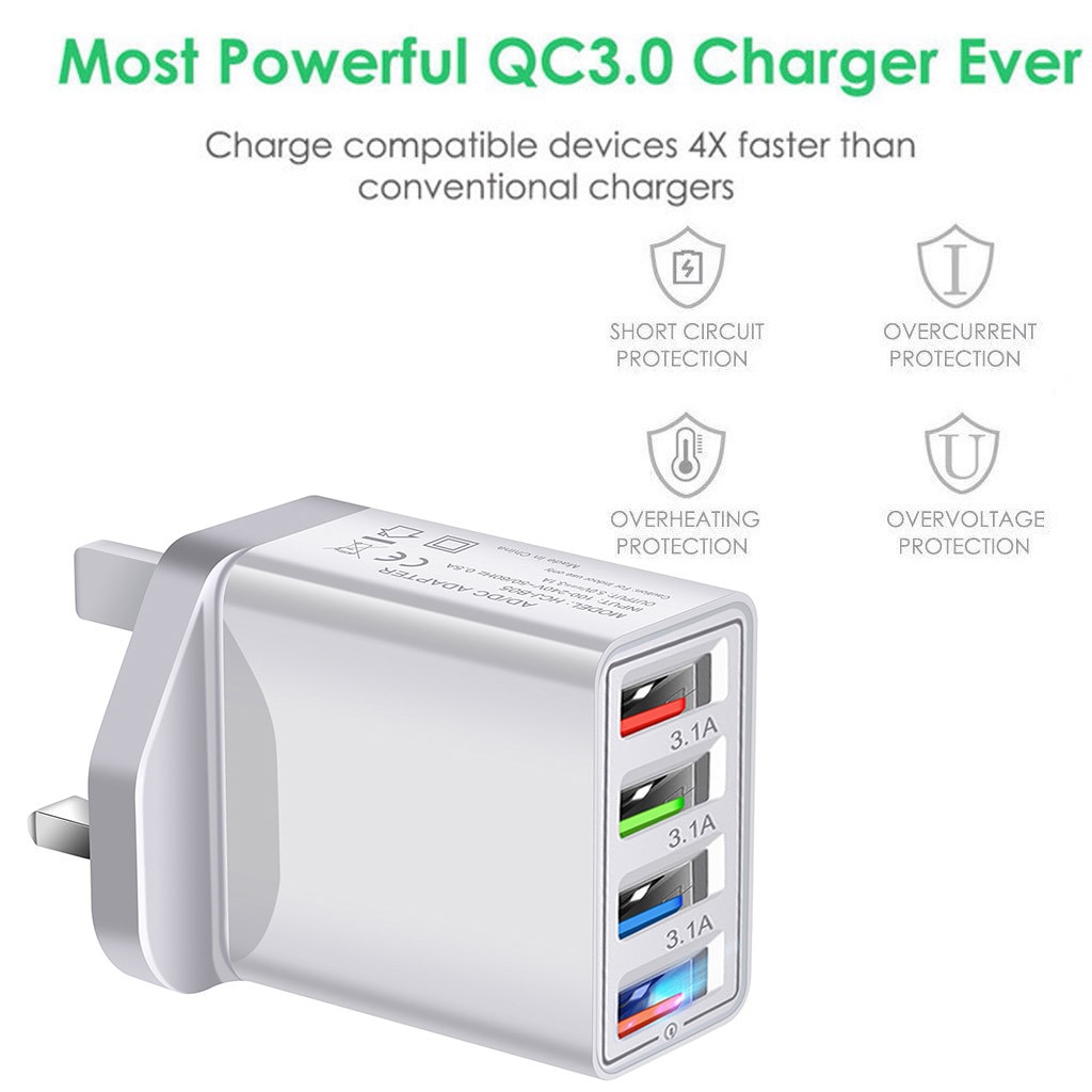 4 Port Mobile Phone Chargers Fast Quick Charge QC 3.0 USB Hub Wall Charger 3.1A Power Adapter UK Plug