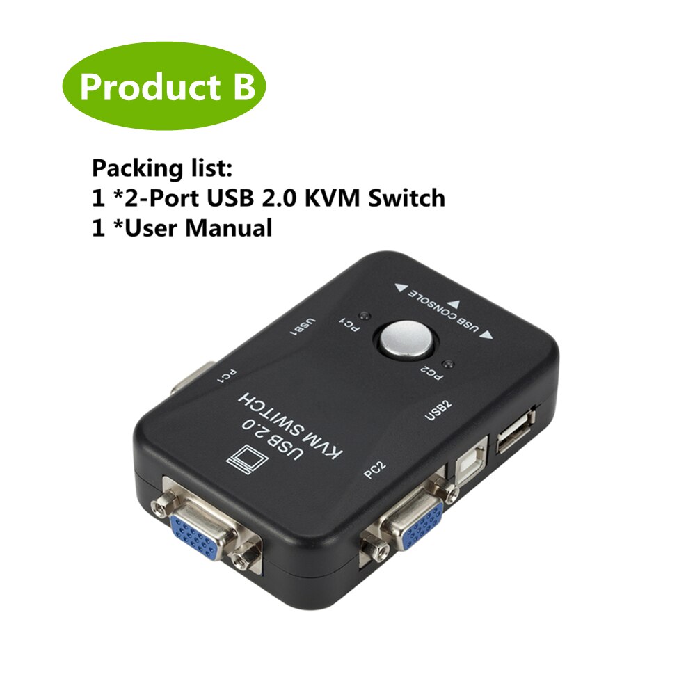 PzzPss USB KVM Switch 2 Port VGA SVGA Switch Box USB 2.0 KVM Mouse Switcher Keyboard 1920*1440 Vga Splitter Box Sharing Switch: Product B