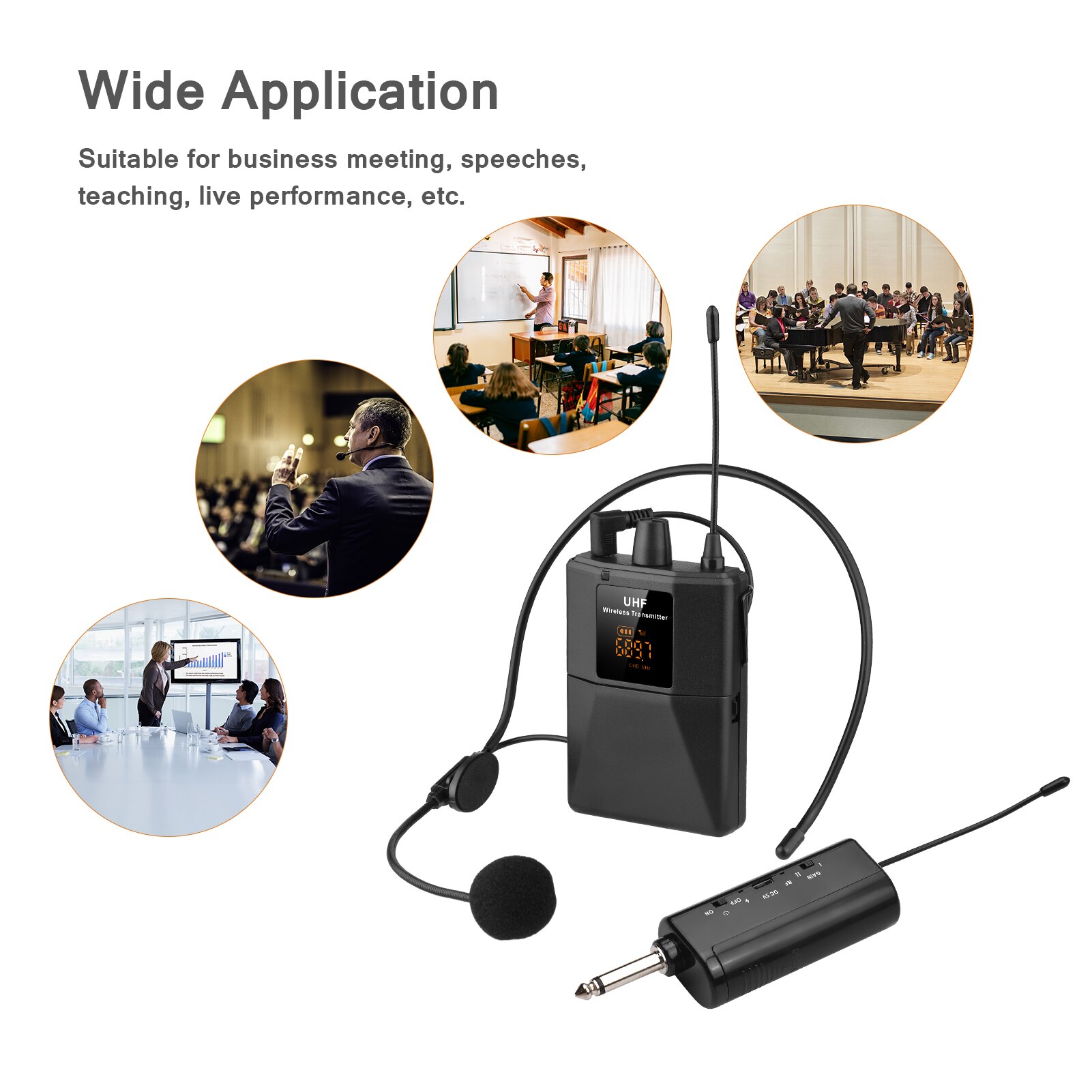 UHF Wireless Headset Microphone with Transmitter &amp; Receiver LED Digital Display Bodypack Transmitter for Teaching Speech