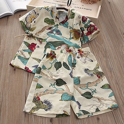 Zomer kinderpyjama's katoen en linnen retro jongens en meisjes pyjamaset japanse stijl bedrukte huiskleding: Beige / 3t