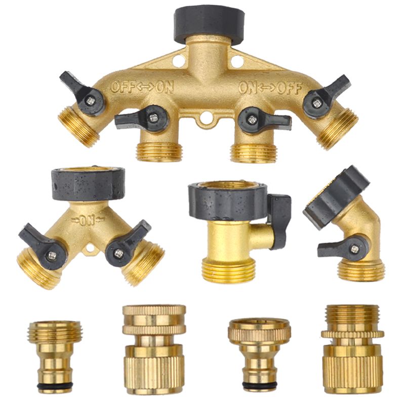 3/4"Heavy Duty Brass Garden Hose Splitter Hose Connector Spigot Adapter with 4 Valves Hose Bib Splitter Outdoor Faucet Splitter