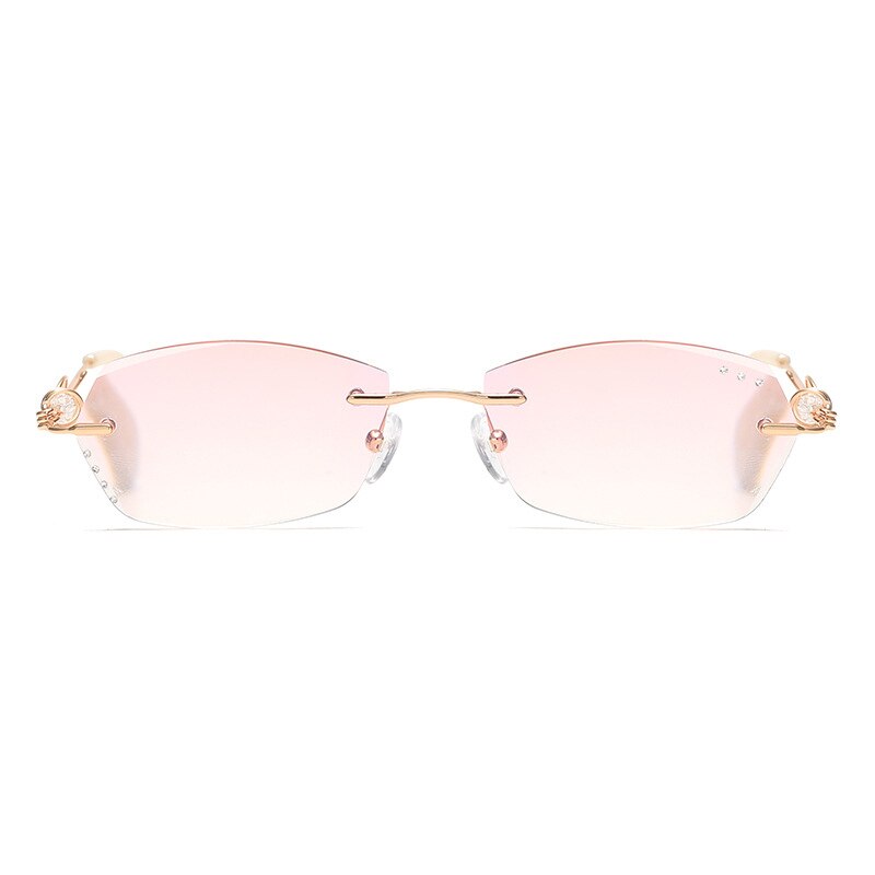 Gafas de lectura de aleación de corte de diamante sin montura para mujer con gradiente Rosa + 1 + 1,5 + 2 + 2,5 + 3 sin montura de Metal con diamantes de imitación Anti azul