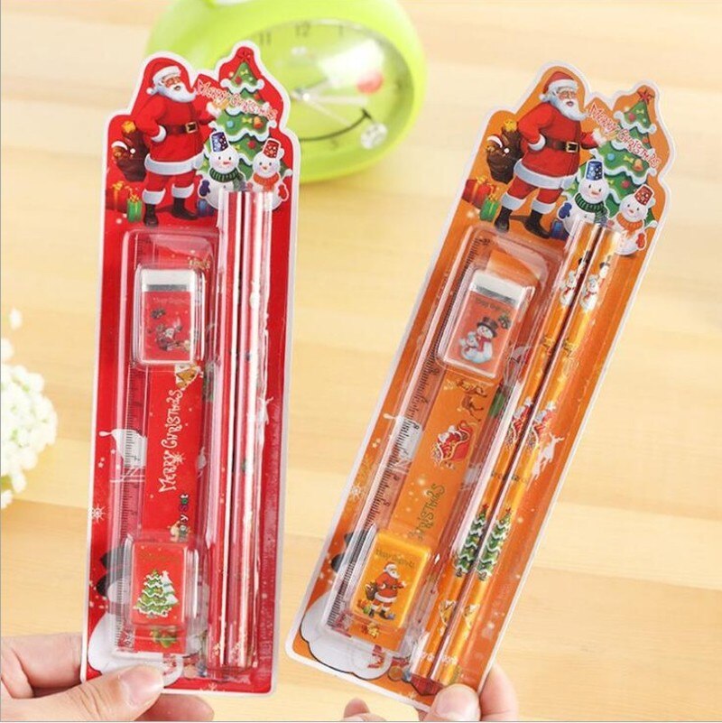5pcs/set Christmas Series Kids Stationery Students Ruler Pencil Eraser Pencil Sharpener Kit School Rewards Supplies