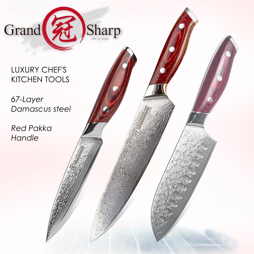 3 Stuk Koksmes Set Japanse Keukenmessen Santoku Utility Koken Butcher Gereedschap 67 Lagen Damascus Staal Rood Hout handvat