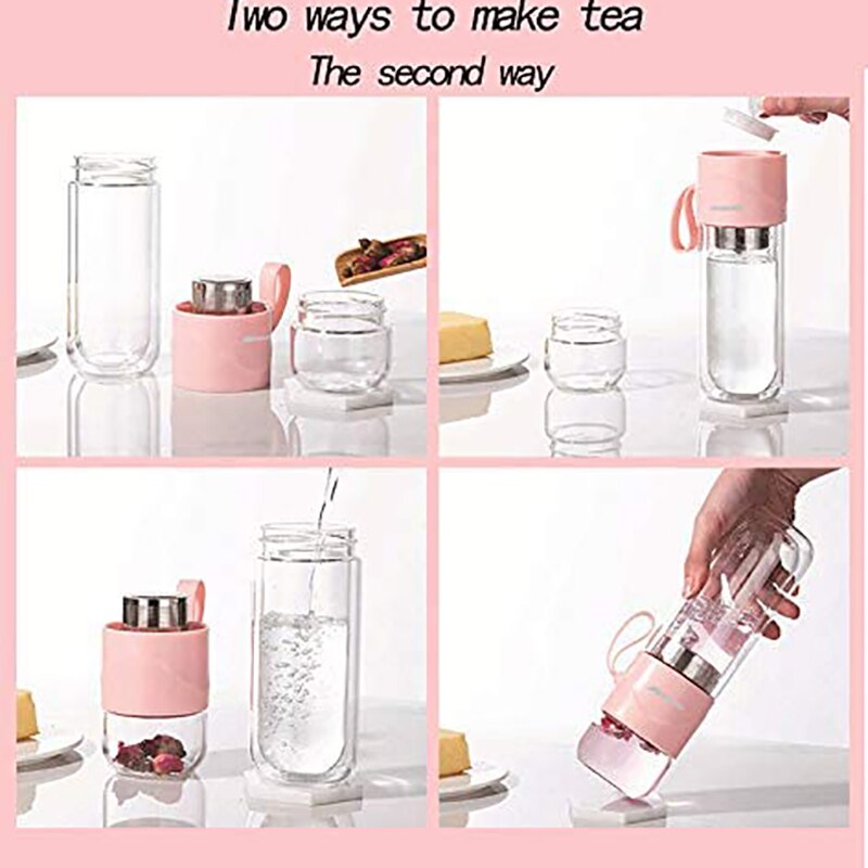 Double Wall Gl Tea Bottle Cup with Infuser Portable Tea Infuser Gl Tea Strainer Leak-Proof Gl 390Ml
