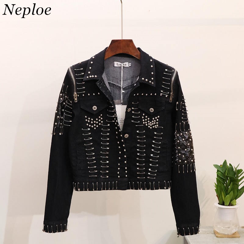 Neploe Autumn Jean Jacket Rivet Pin Short Denim Coats Female Korean Casacos Feminino Jean Jacket Outerwear 37257