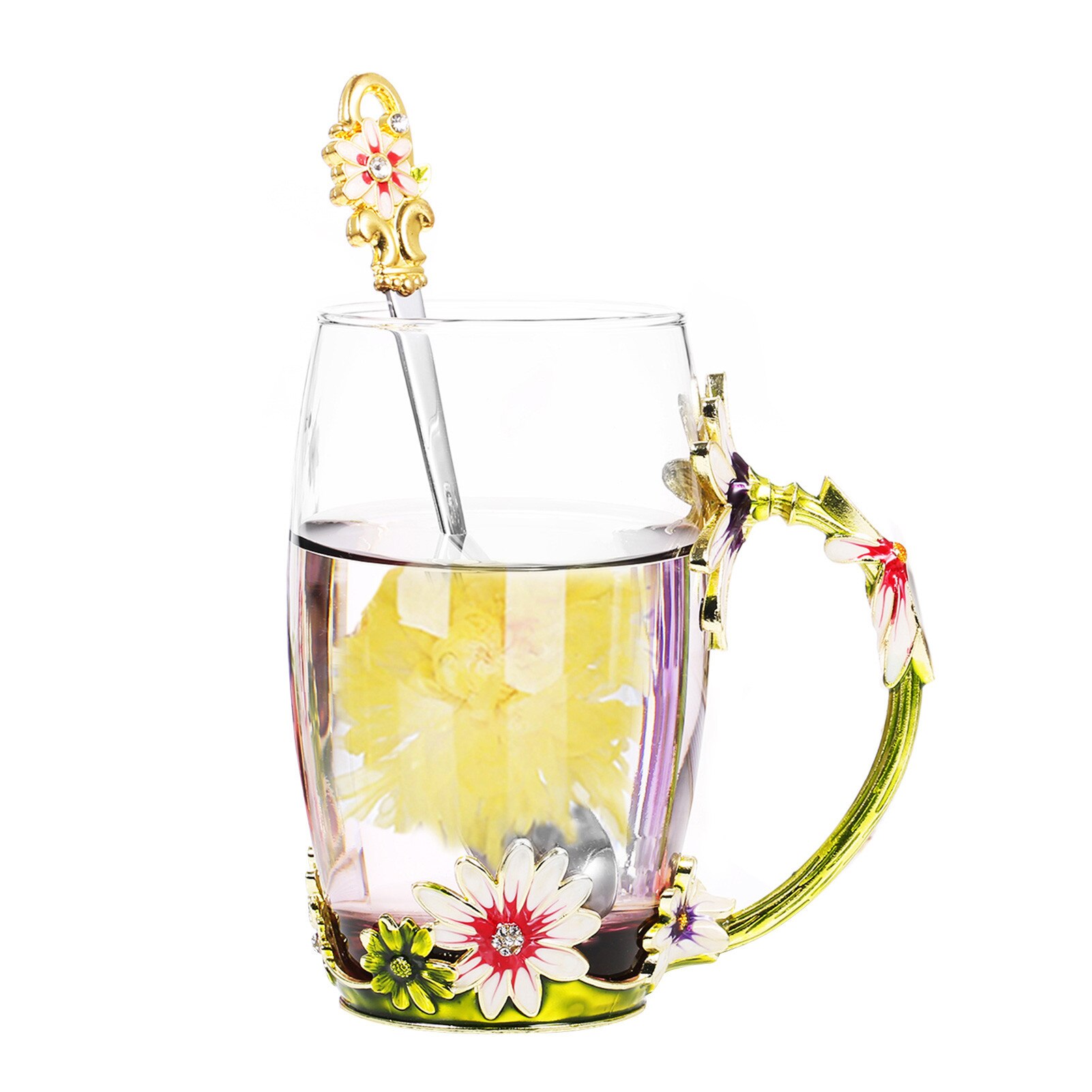 Enamel Technology Enamel Chrysanthemum Glass Color Tan Thickened Glass Coffee Cup Yogurt Cup Perfect Drinking Tool: Green 350ml