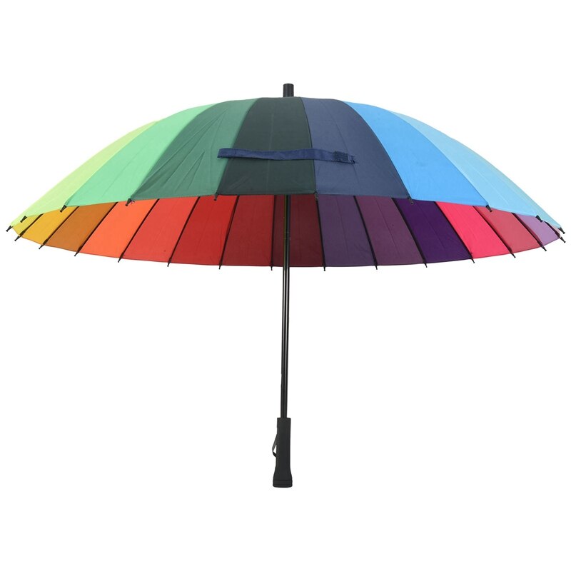 24k ribkleurige regenboog lange steel rechte anti-uv zon/regen stok paraplu handmatige grote parasol: Default Title