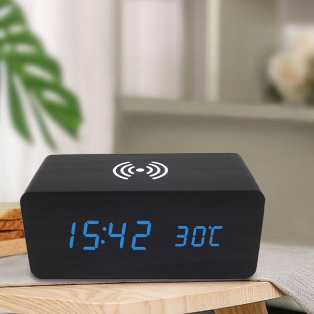 Wireless charging table clock digital alarm clock led decorative clock alarm clock table clock electronic clock with thermometer: Black  blue