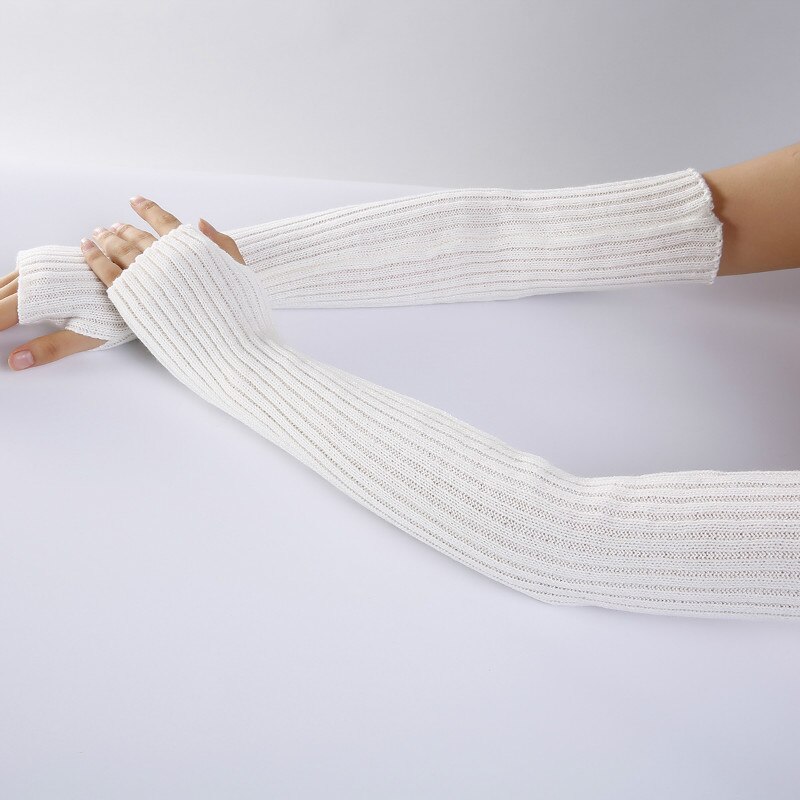 Kvinders lange fingerløse vinterstrikkede handsker kostume vanter uden fingre sort hvid: Hvid
