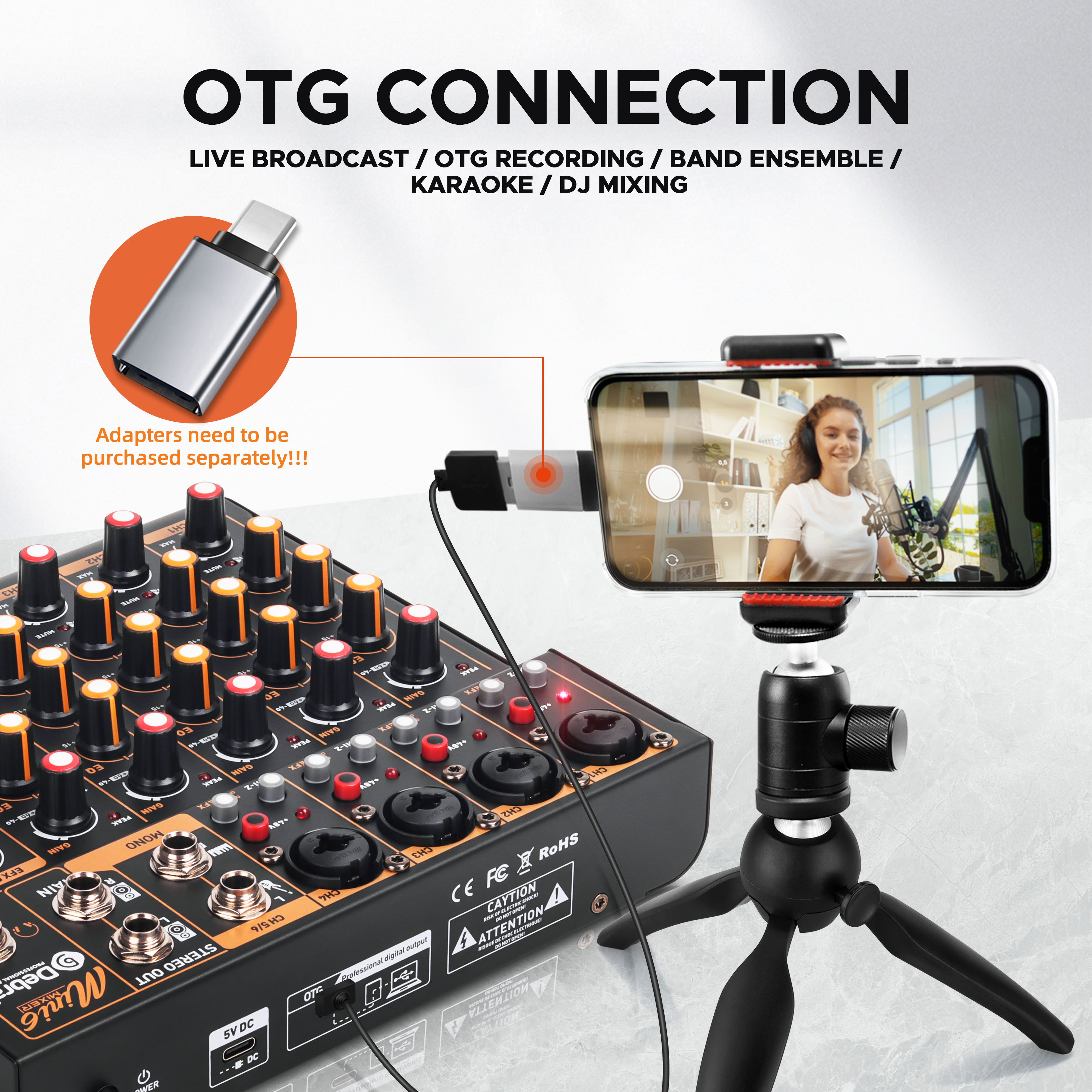 IKGE Mini4 Mini6 4/6 Channel Audio Mixer, DJ Mixer with Bluetooth 5.0 OTG Reverb 48V Sound Card for PC Recording, Webcasting