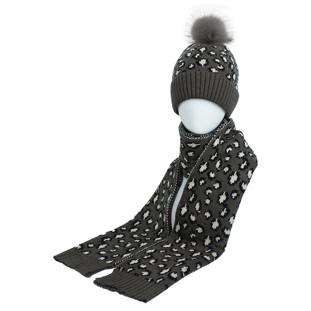 Leopard strik kvinder hat med et tørklæde kugle imiteret faux pels hatte tørklæder sæt vinter tilbehør til damer sjaal muts